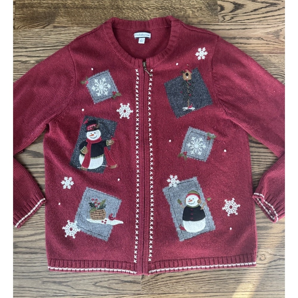 Croft & Barrow Women's L Christmas Sweater Cardigan Snowman Ramie Silk Zip